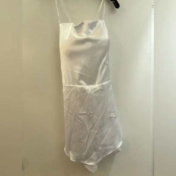 New Backless Short Satin Cowl Neck Ruffle Layer Spaghetti Strap Mini Dress - Picture 6 of 12